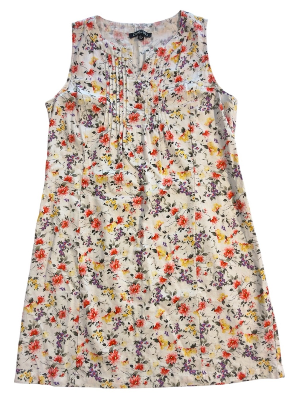 Chadwicks Women’s L Floral V-Neck Sleeveless Pleated Shift Dress Linen Blend